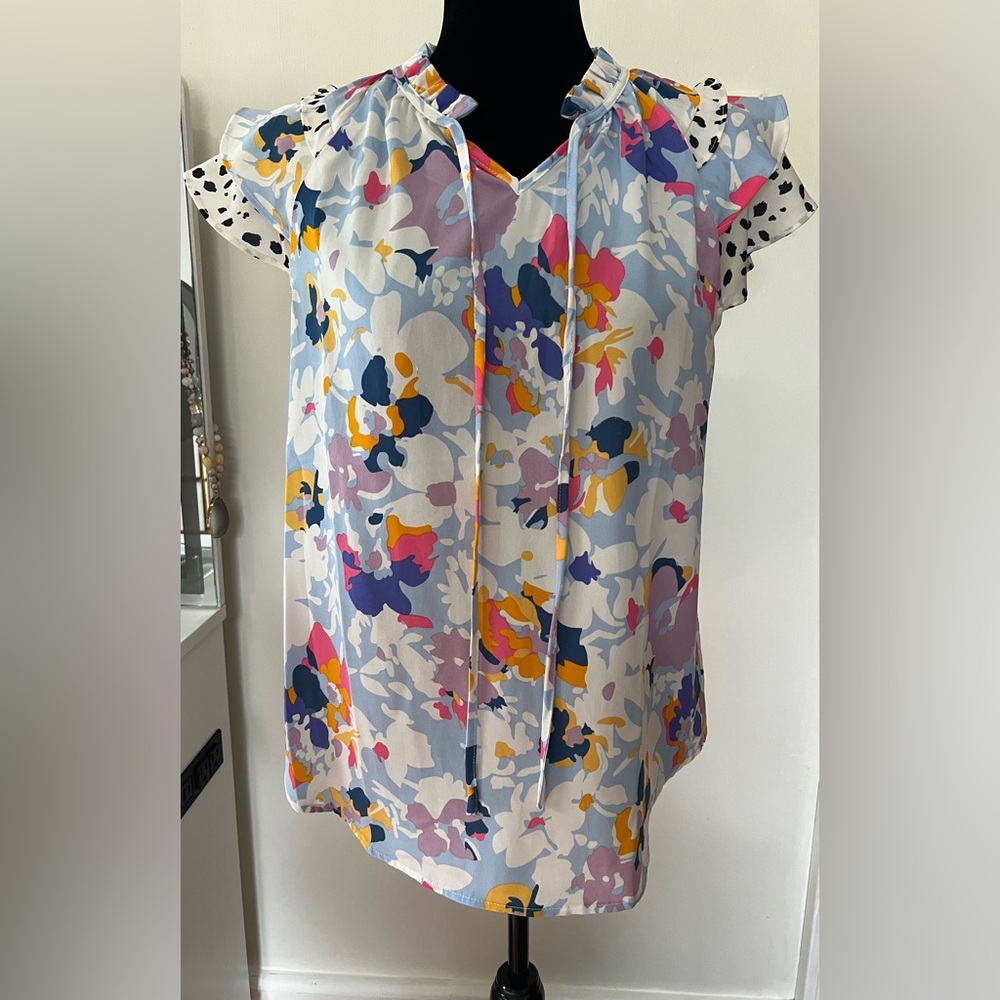 Floral Ruffle Sleeve Blouse w/ Dalmatian Print Detail | Colorful Boho Top - Picture 6 of 7